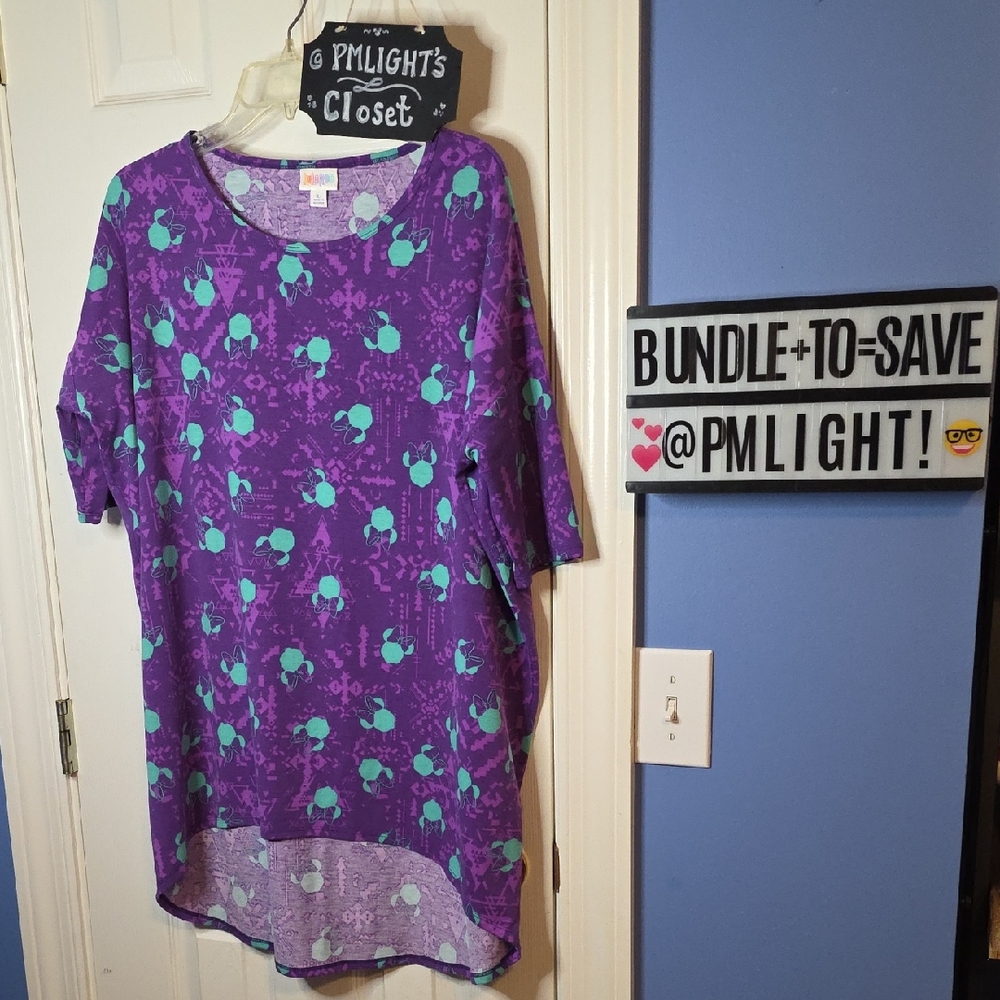 LuLaRoe Disney Irma Purple and Teal Patterned Large Tunic Top